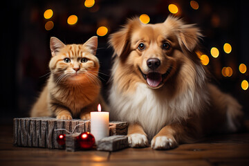 A dog and a cat sitting next to each other. Generative AI. Christmastime, christmas celebration.