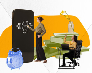 Contemporary art. Young woman, student sitting and looking on mobile phone screen and learning chemistry with tutor. Concept of online education, modern technologies, freelance job, innovations, ad