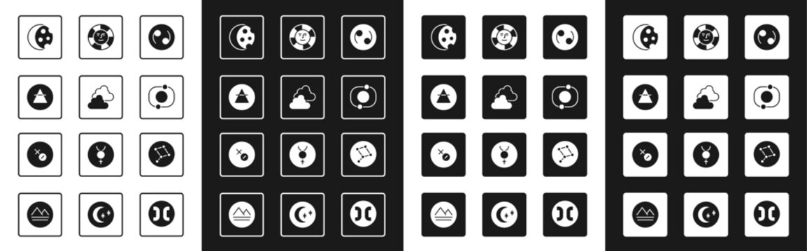 Set Cancer zodiac, Cloudy weather, Air element, Eclipse of sun, Solar system, Sun, Great Bear constellation and Venus symbol icon. Vector