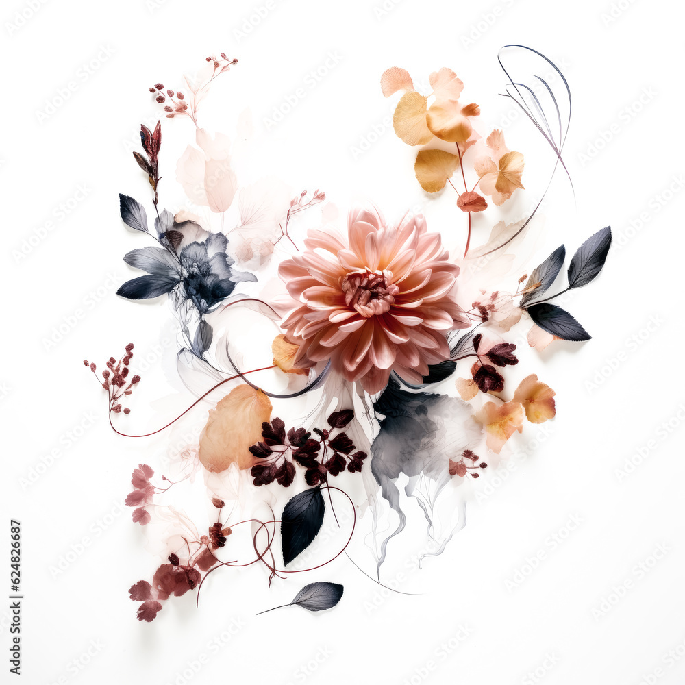 Aufkleber he arranged floral elements in an unexpected form on a transparent background.