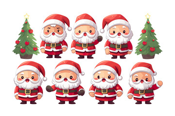 cute santa claus smiling side by side christmas tree, white isolated background,cartoon style PNG
