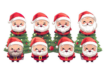 Obraz na płótnie Canvas cute santa claus smiling side by side christmas tree, white isolated background,cartoon style PNG