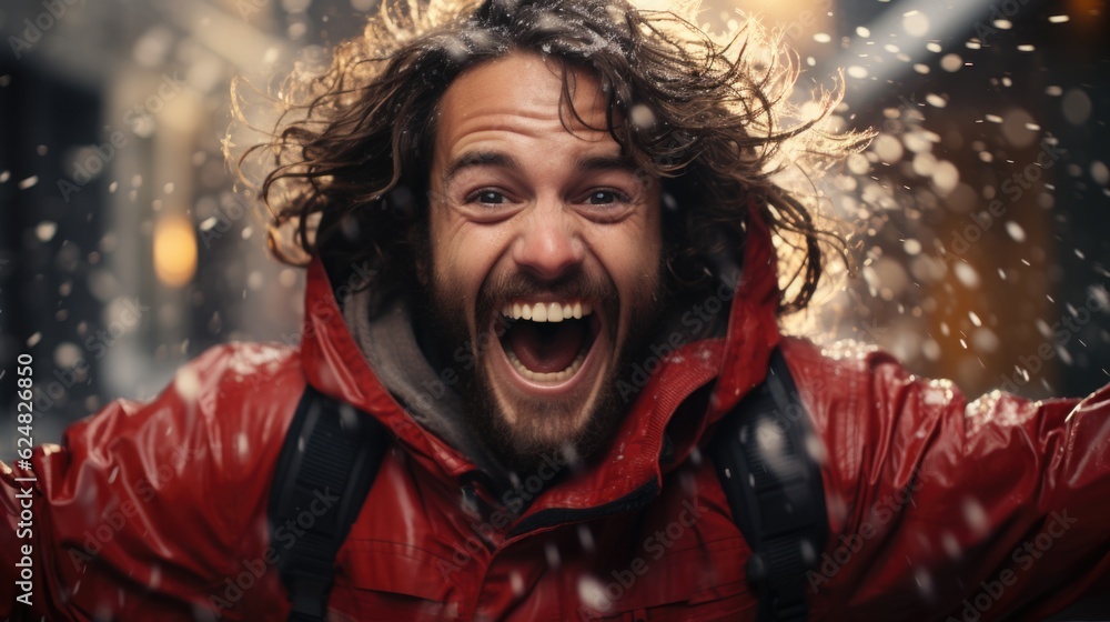 Poster a man in a red jacket is making a funny face. generative ai.