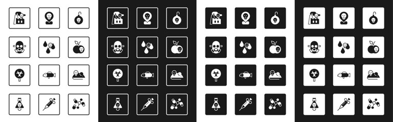 Set Nuclear bomb, Acid rain, Gas mask, Smoke from factory, Poison apple, Radioactive location, Experimental mouse and Biohazard symbol icon. Vector