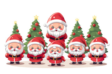 cute santa claus smiling side by side christmas tree, white isolated background,cartoon style PNG