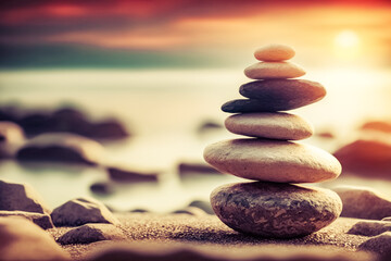 Pebble tower, balance stone on the seaside. Generative AI