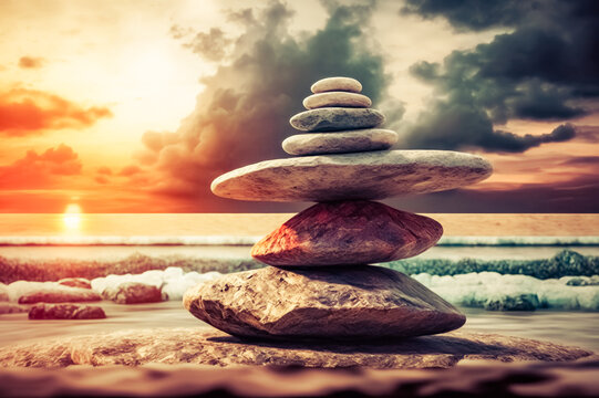 Pebble tower, balance stone on the seaside. Generative AI