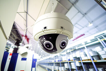 Security CCTV camera inside factory. Generative AI