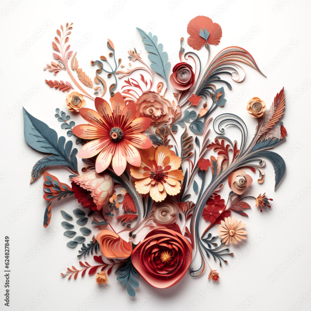 Poster a vibrant display of floral elements in an unusual shape on a crisp background.