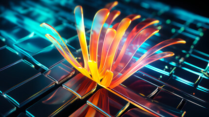 Abstract 3d background wallpaper with glass squares with colorful light emitter iridescent neon holographic gradient. Design visual element for banner header poster or cover