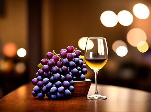 Glass of red wine with grapes, neutral background, Stock image