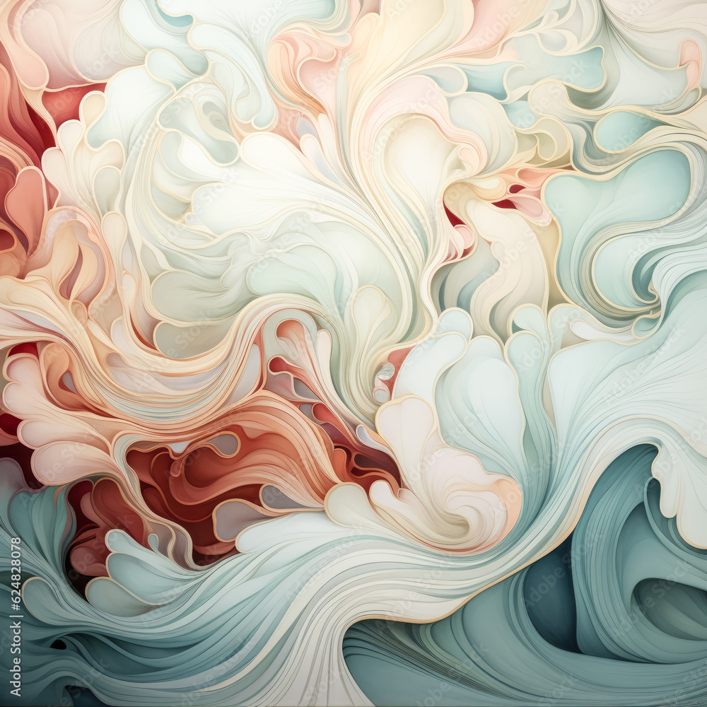 Poster he creates a flowing design in subtle colors.