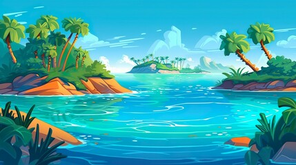 Fototapeta na wymiar Abstract background tropical island. Designing of a vibrant banner with an illustrated tropical island as the background, celebrating the beauty of nature. Generative AI.