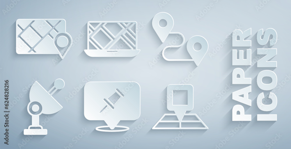 Poster set push pin, route location, radar, folded map with marker, city navigation and gps device icon. ve