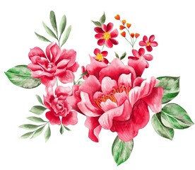 Watercolor Bouquet of flowers, isolated, white background, red roses and green leaves