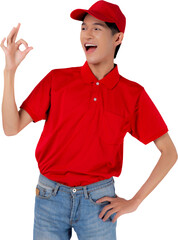 Portrait young asian man in uniform standing and smile with confident gesture ok, employee or dealer, courier and delivery, deliveryman and expression, logistic and cargo.