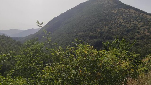 La telecamera cattura le bellezze della montagna mentre il vento soffia leggermente tra i suoi pendii, facendo ondeggiate le cime degli alberi circostanti. I raggi del sole brillano intensamente