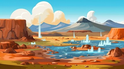 Background geysers and hot springs on volcanic soil. Eye-catching banner with an illustrated depiction of nature's geysers against a captivating background. Generative AI.