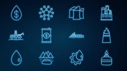 Set line Alcohol or spirit burner, Oil rig with fire, industrial factory building, Barrel oil dollar, platform the sea, drop, tanker ship and Molecule icon. Vector