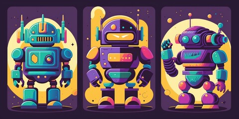 Funny futuristic robot digital artwork. Retro 90s style toy android illustration. Cute cartoon robot for kids poster, wallpaper. Chatbot, friendly support service assistant.