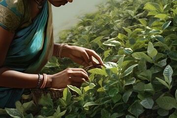 Tea plantation worker picking fresh leafs from the bush. Close up view of a young woman working on tea plantation. Hard painstaking female work to collect fine teas for your table. - obrazy, fototapety, plakaty