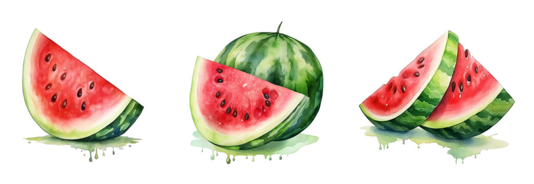 Set of watercolor watermelon isolated on white. 