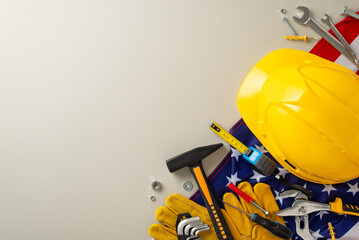 Labor Day tribute: A captivating top-view image showcasing the American flag, construction helmet,...