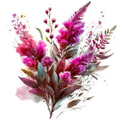 Viva magenta bouquet of wildflowers, vibrant pink floral arrangement watercolor illustration isolated with a transparent background, vibrant fuchsia blossom flowers design created with Generative AI
