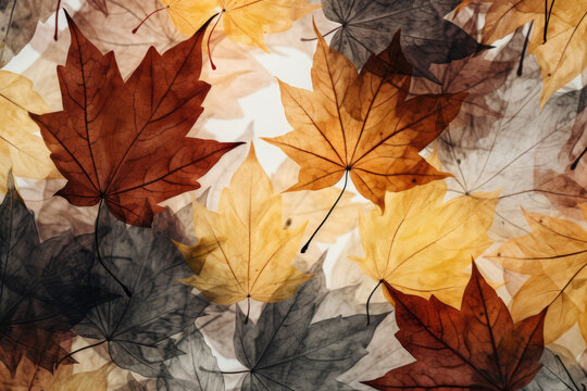 Autumn colored fall leaf texture on transparent background overlay. Generative AI