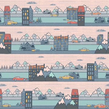 Vector city landscape with cars seamless pattern