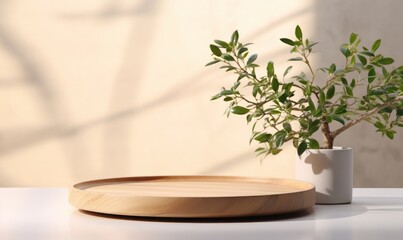 Wooden round tray podium with blurry leaves shadow on green background. Product display background concept