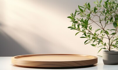 Wooden round tray podium with blurry leaves shadow on green background. Product display background concept