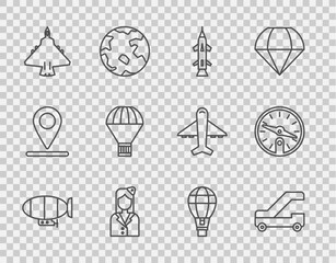 Fototapeta premium Set line Airship, Passenger ladder for plane boarding, Rocket, Stewardess, Jet fighter, Box flying on parachute, Hot air balloon and Compass icon. Vector
