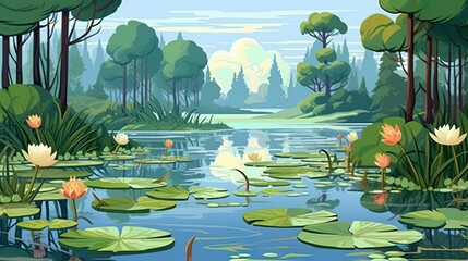 Abstract background swamp with water. Engaging banner showcasing an intricate illustration of a swamp with serene water, set against a nature-inspired background. Generative AI.