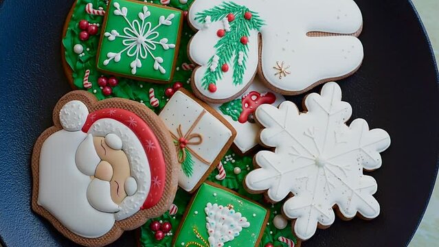 Delicious fresh colorful Christmas or New Year gingerbread cookies on a ceramic plate on a dark concrete background
