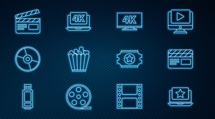 Set line Laptop with star, Movie clapper, Screen tv 4k, Popcorn in box, CD DVD disk, Cinema ticket and video icon. Vector
