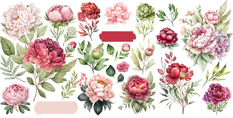 Set of peonies flower soft pink and red color Watercolor, spring collection of hand drawn flowers , Botanical plant illustration , elegant watercolor ,transparent background, PNG. - obrazy, fototapety, plakaty