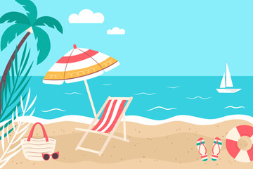 Summer tropical beach background, vector illustration. Summer travel poster banner.