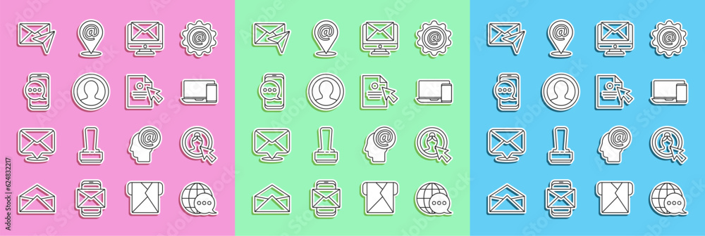 Poster set line world map made from speech bubble, create account screen, monitor and phone, envelope, chat