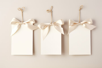 Three blank white letterhead cards with copy space with beige silk gift ribbon bows isolated on a light pastel background. Invitation and certificate template, top view.