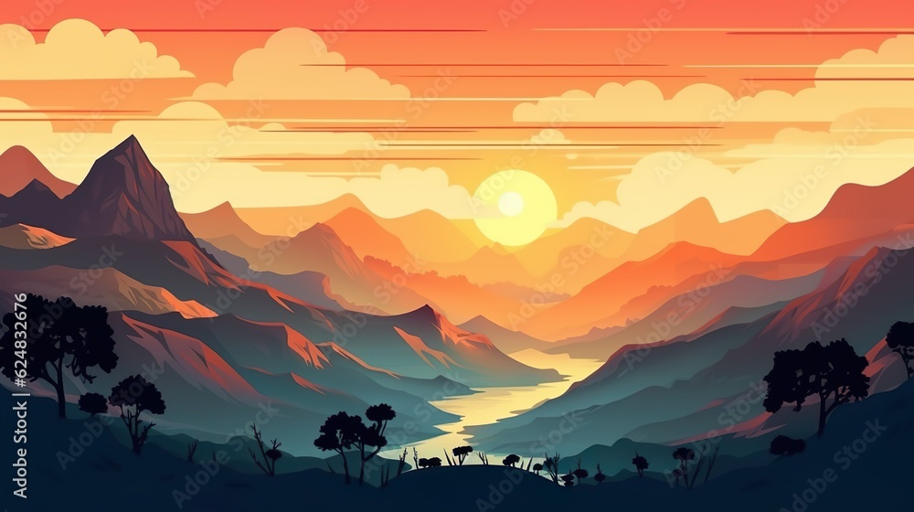 Poster abstract background dawn in the mountains. a captivating banner design with an enchanting illustrati