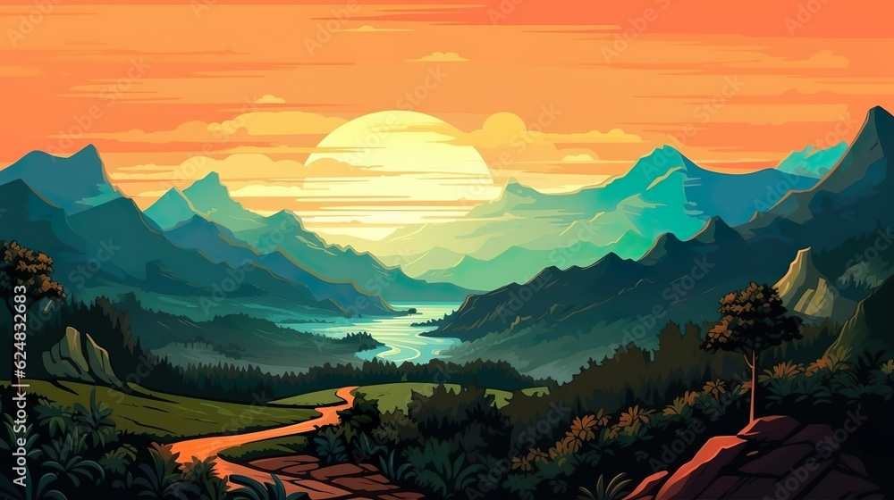 Poster abstract background dawn in the mountains. a captivating banner with an enchanting illustration of t