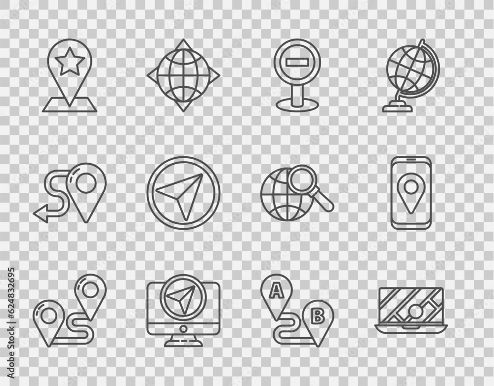 Poster set line route location, city map navigation, stop sign, monitor with marker, map pointer star, info
