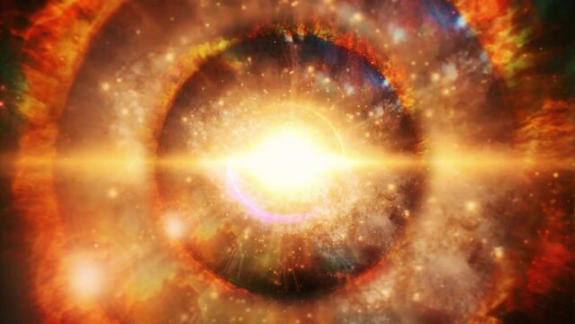 Abstract round yellow orange sphere light bright glowing from energy rays and magic waves