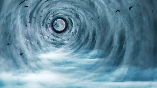 Tunnel of clouds with birds