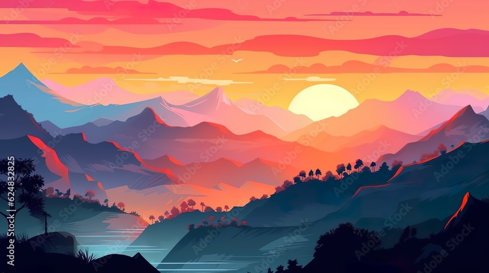 Poster abstract background dawn in the mountains. banner design with a captivating illustration depicting t