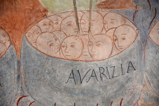 Fresque du chaudron de l'avarice &agrave; l'&eacute;glise San Tommaso de Pastoreccia. Corse