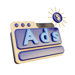 3d illustration put ads on browser to support branding or marketing, good for  marketing