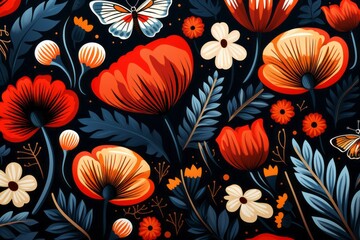 Illustration of a vibrant floral painting with colorful butterflies on a dark background created with Generative AI technology