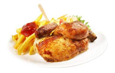 Grilled Chicken with French Fries, Ketchup  and Coleslaw Salad - Transparent PNG Background